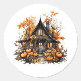 Adesivo Redondo Casa de Halloween com Pumpkins e Folhagem