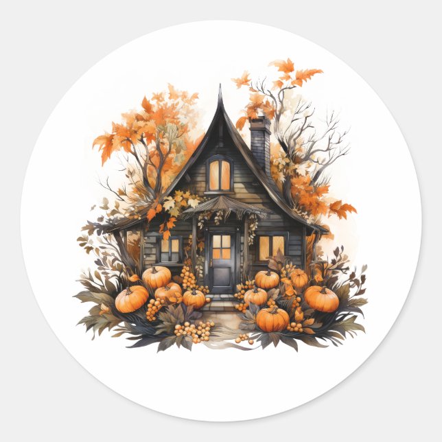 Adesivo Redondo Casa de Halloween com Pumpkins e Folhagem (Frente)