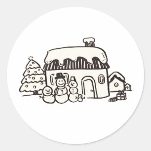 Adesivo Redondo Casa de Natal com boneco de neve
