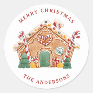 Adesivo Redondo Casa de Natal de Pão de Mel Festivo em Aquarela