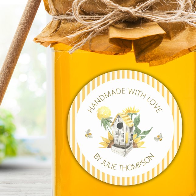 Adesivo Redondo Casa de Pássaros & Abelhas 🐝 Listras Personalizad (Birdhouse & Bees 🐝 Pinstripes Custom Honey Classic Round Sticker)