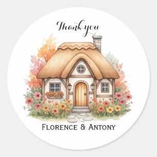 Adesivo Redondo Casa Feliz Pequena Texto Personalizado Obrigado Fa