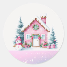 Adesivo Redondo Casa Gingerpão da vila de inverno rosa