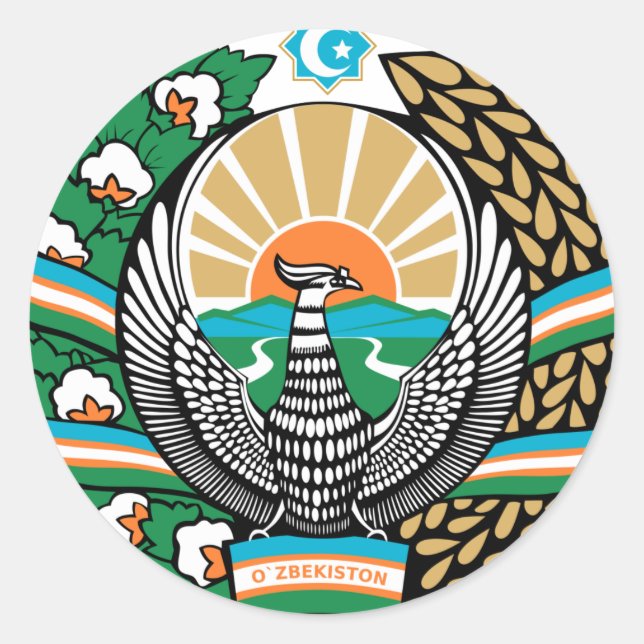 Adesivo Redondo Casaco de Armas do Usbequistão (Frente)