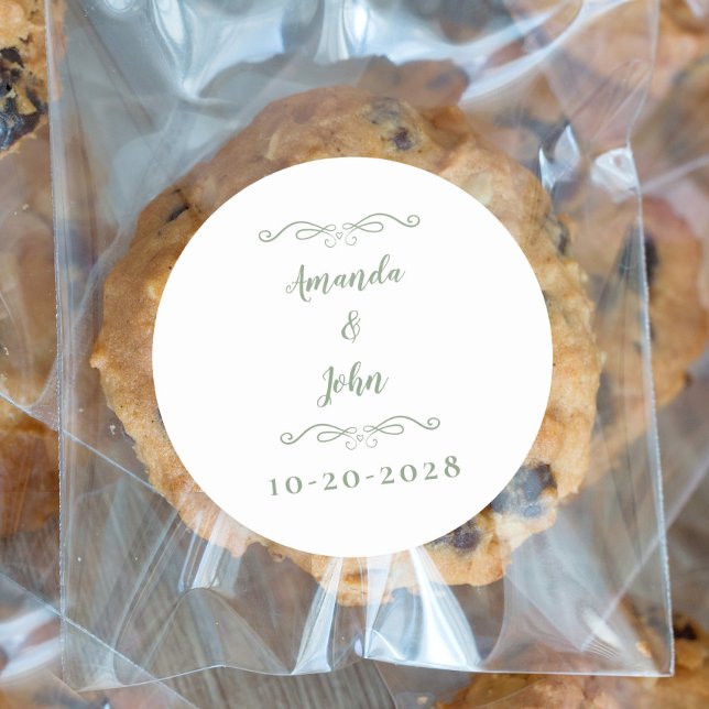 Adesivo Redondo Casais de Casamento Elegantes Nomes de Sábio Verde (Criador carregado)