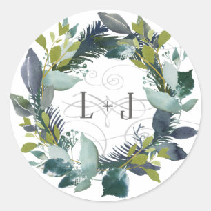 Adesivo Redondo Casais Wreath de Watercolor Laurel Iniciais de Mon