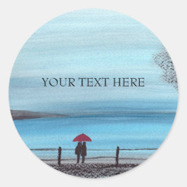 Adesivo Redondo Casal apaixonado por cartão postal de guarda-chuva