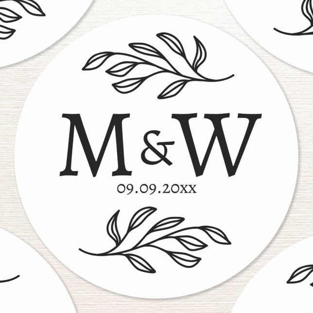 Adesivo Redondo Casal Casado Monograma Data Elegante Botânica (Wedding couple monogram initials and date personalized botanical sticker)