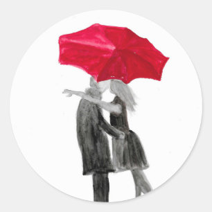 Adesivo Redondo Casal de amor com guarda-chuva vermelha