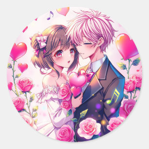 Adesivo Redondo Casal de Anime Fofo Dia dos Namorados
