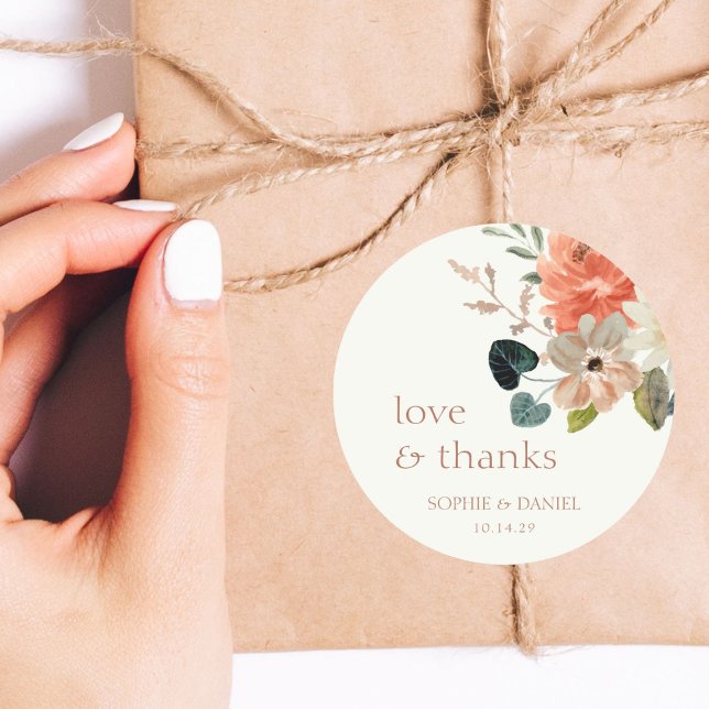 Adesivo Redondo Casal De Aquarela Floral Elegante Obrigado (Criador carregado)