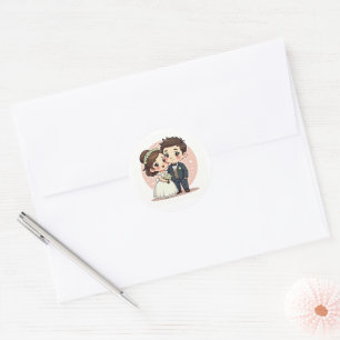 Adesivo Redondo Casal de Casamento Kawaii - Estilo de Vintage Past