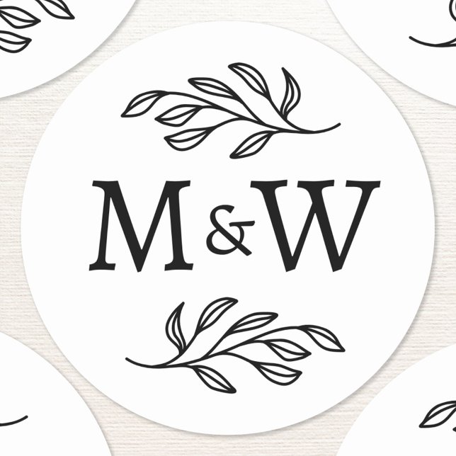 Adesivo Redondo Casal de Casamento Monograma Botânico Elegante (Wedding couple monogram initials personalized botanical stickers)