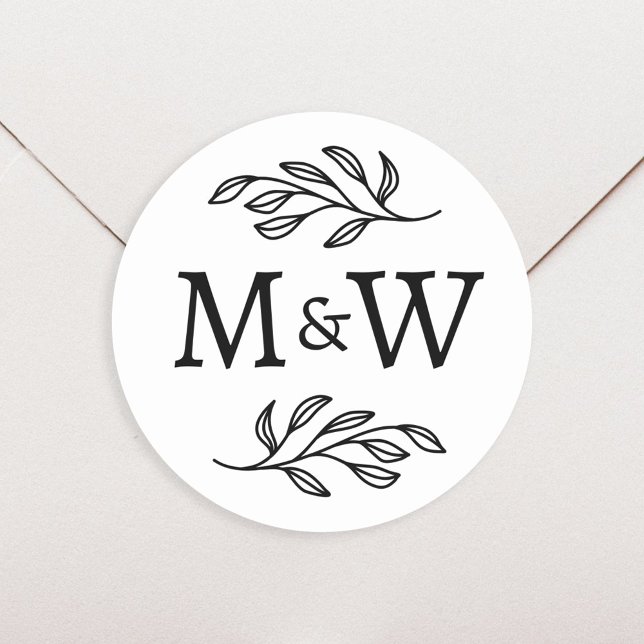 Adesivo Redondo Casal de Casamento Monograma Botânico Elegante (Modern wedding couple monogram initials personalized stationery envelope seal stickers)