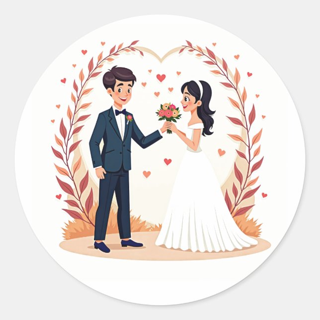 Adesivo Redondo Casal de Casamento Segurando Cartazes (Frente)