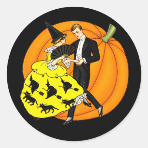Adesivo Redondo Casal de dança de Halloween Vintage Abóbora