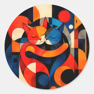Adesivo Redondo Casal de Gatos Geométricos Coloridos se Abraçando