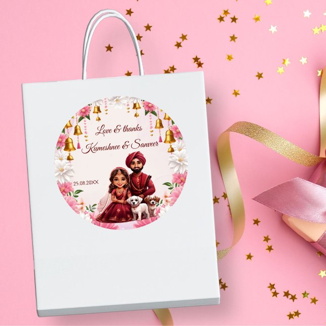 Adesivo Redondo Casal de noiva indiana com cães, favor de caricatu (Indian bridal couple with dogs caricature Indian wedding favors personalized favor sticker template)