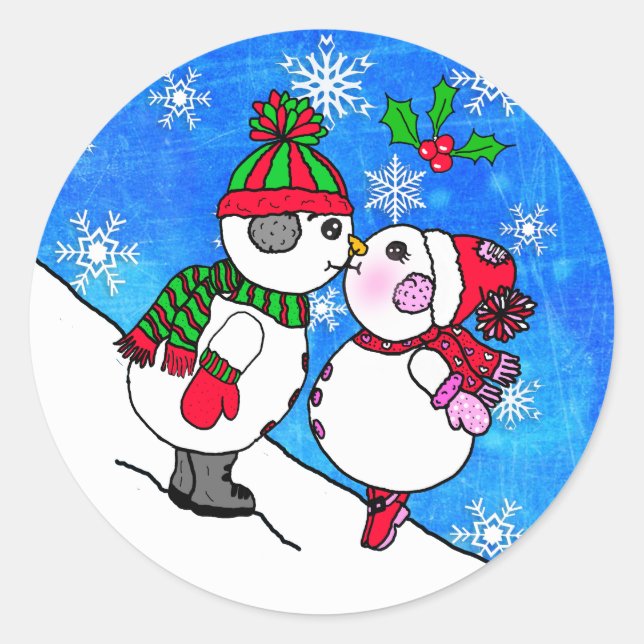 Adesivo Redondo Casal de Snowman Beijando sob o MistletoChristmas (Frente)