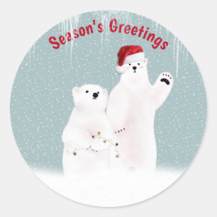 Adesivo Redondo Casal de Urso Polar de Natal com Flocos de Neve