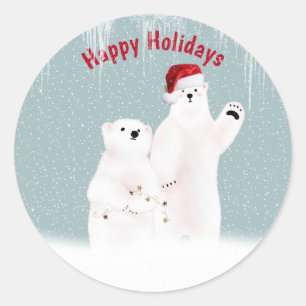 Adesivo Redondo Casal de Urso Polar de Natal com Flocos de Neve