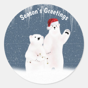 Adesivo Redondo Casal de Urso Polar de Natal em Flocos de Neve