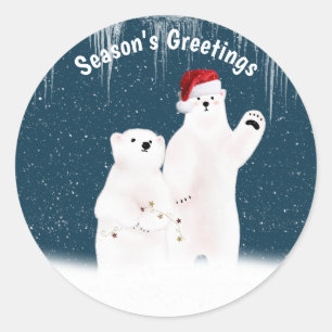 Adesivo Redondo Casal de Urso Polar de Natal em Flocos de Neve