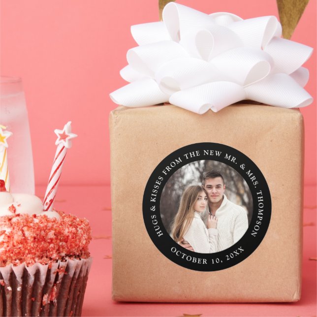 Adesivo Redondo Casal foto personalizável obrigado de casamento vo (Festa)