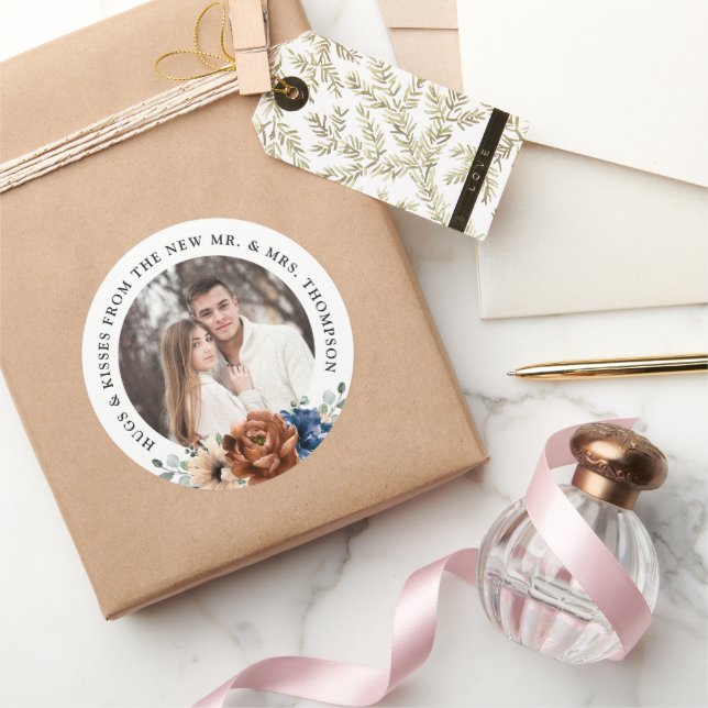 Adesivo Redondo Casal foto personalizável obrigado de casamento vo (Presentear)