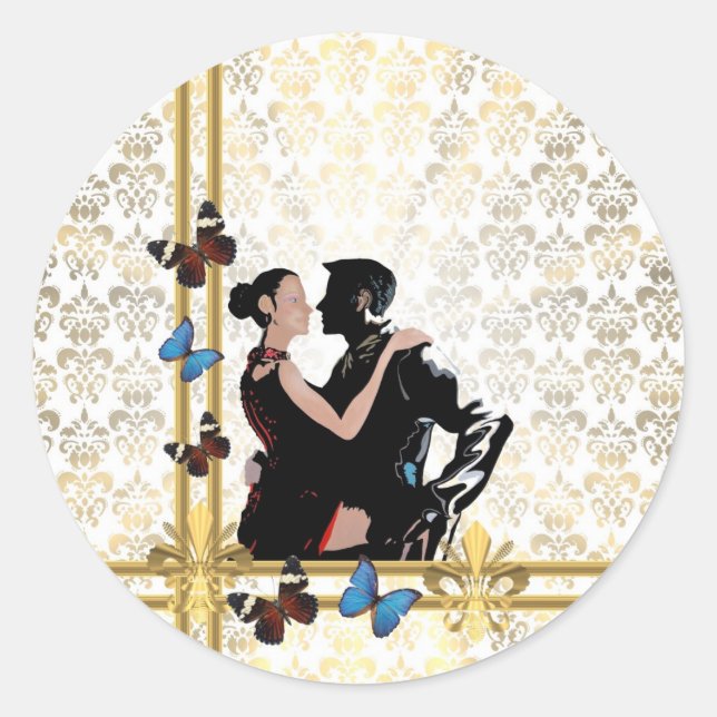 Adesivo Redondo Casal romântico no damasco branco (Frente)