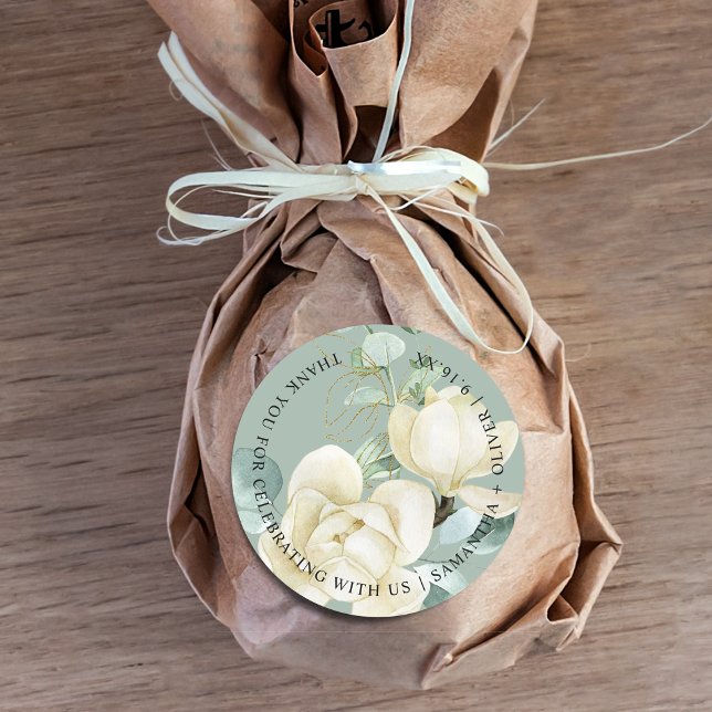 Adesivo Redondo Casamento Agradecido Magnólia Eucalipto Elegante (Elegant Magnolia Eucalyptus Thank You Wedding Classic Round Sticker)