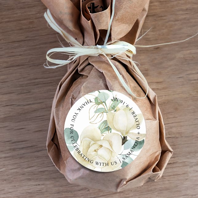 Adesivo Redondo Casamento Agradecido Magnólia Eucalipto Elegante (Elegant Magnolia Eucalyptus Thank You Wedding Classic Round Sticker)