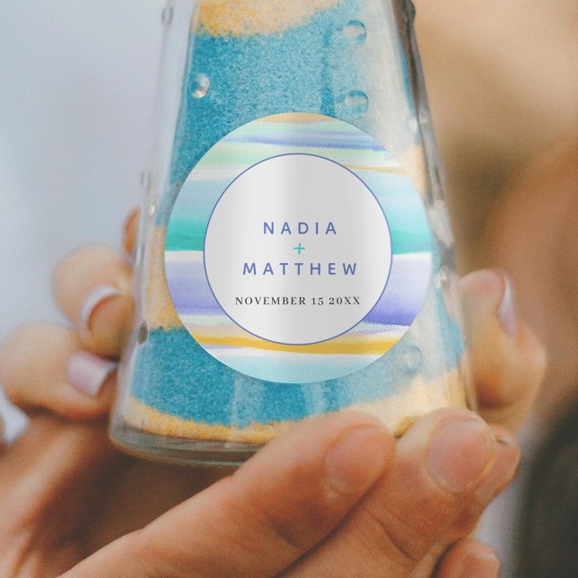 Adesivo Redondo Casamento amarelo aqua azul-maré-abstrato tropical (Criador carregado)