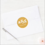 Adesivo Redondo Casamento amarelo simples, elegante, de mostarda<br><div class="desc">Simples,  elegante vinheta de casamento amarelo de mostarda. Mostra sua data inicial e a data do seu casamento em branco em fundo amarelo. Coordena-se com a nossa coleção "Eucalyptus branch".</div>