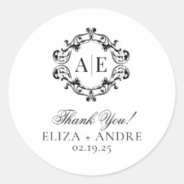 Adesivo Redondo Casamento Antiquado de Monograma de Crest Preto e