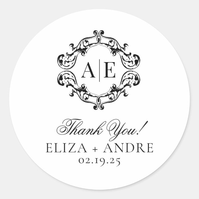 Adesivo Redondo Casamento Antiquado de Monograma de Crest Preto e  (Frente)