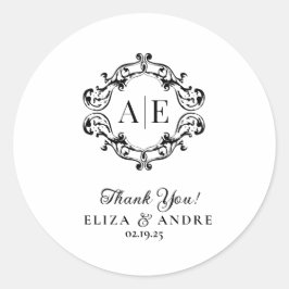 Adesivo Redondo Casamento Antiquado de Monograma de Crest Preto e