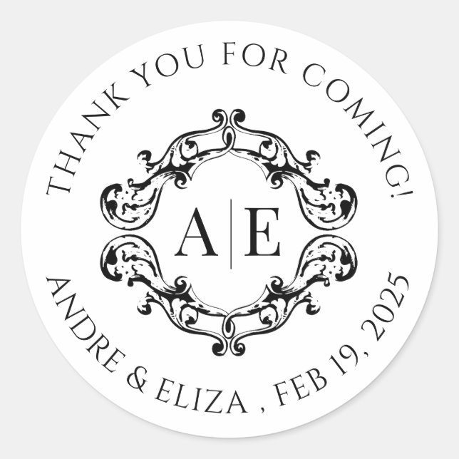 Adesivo Redondo Casamento Antiquado de Monograma de Crest Preto e  (Frente)