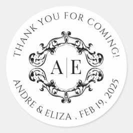 Adesivo Redondo Casamento Antiquado de Monograma de Crest Preto e