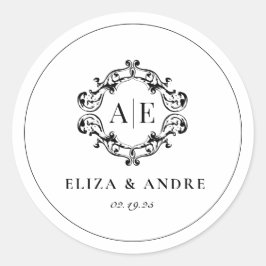 Adesivo Redondo Casamento Antiquado de Monograma de Crest Preto e