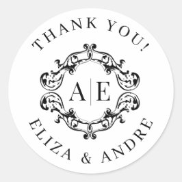 Adesivo Redondo Casamento Antiquado de Monograma de Crest Preto e