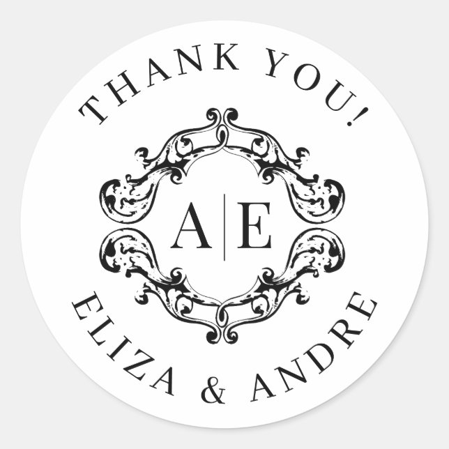 Adesivo Redondo Casamento Antiquado de Monograma de Crest Preto e  (Frente)