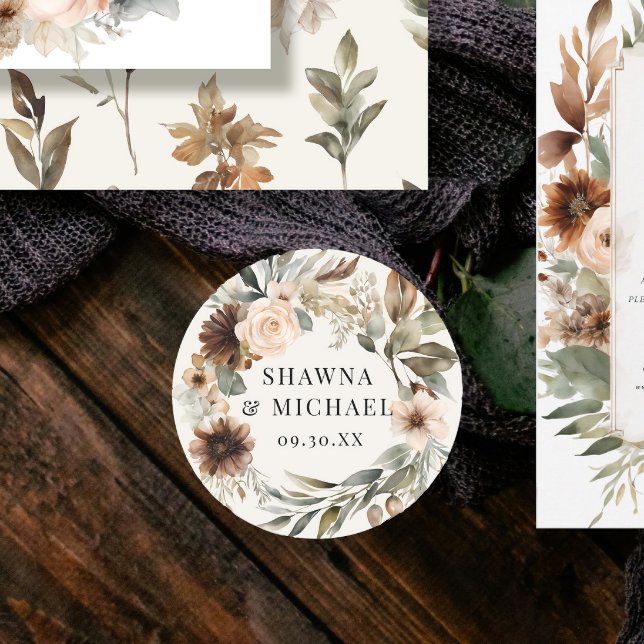 Adesivo Redondo Casamento Aquarela Floral de Outono em Terracota d (Criador carregado)