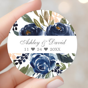 Adesivo Redondo Casamento Aquarela Padrão Floral Azul Marinho