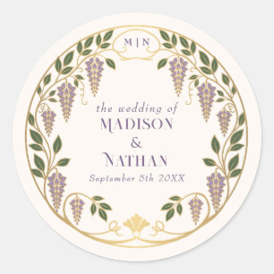 Adesivo Redondo Casamento Arte Nova Dourado Roxo Wisteria