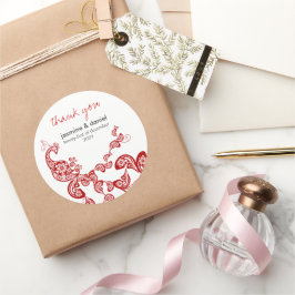 Adesivo Redondo Casamento Asiático Vermelho Floral Boho Peacock Or