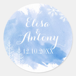 Adesivo Redondo Casamento azul-aquarela moderno Salve a Data
