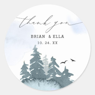 Adesivo Redondo Casamento Azul De Árvores Coníferas Obrigado