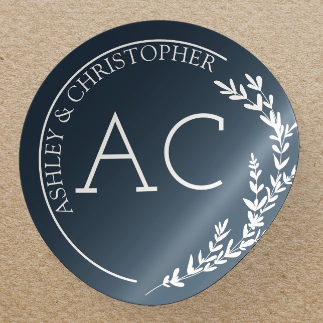 Adesivo Redondo Casamento Azul de Marinho de Quadro de Folhagem Mo (Criador carregado)