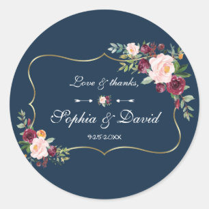 Adesivo Redondo Casamento Azul De Marinho Floral GlamGold Burgundy